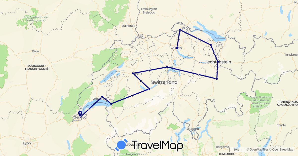 TravelMap itinerary: driving in Switzerland, Liechtenstein (Europe)